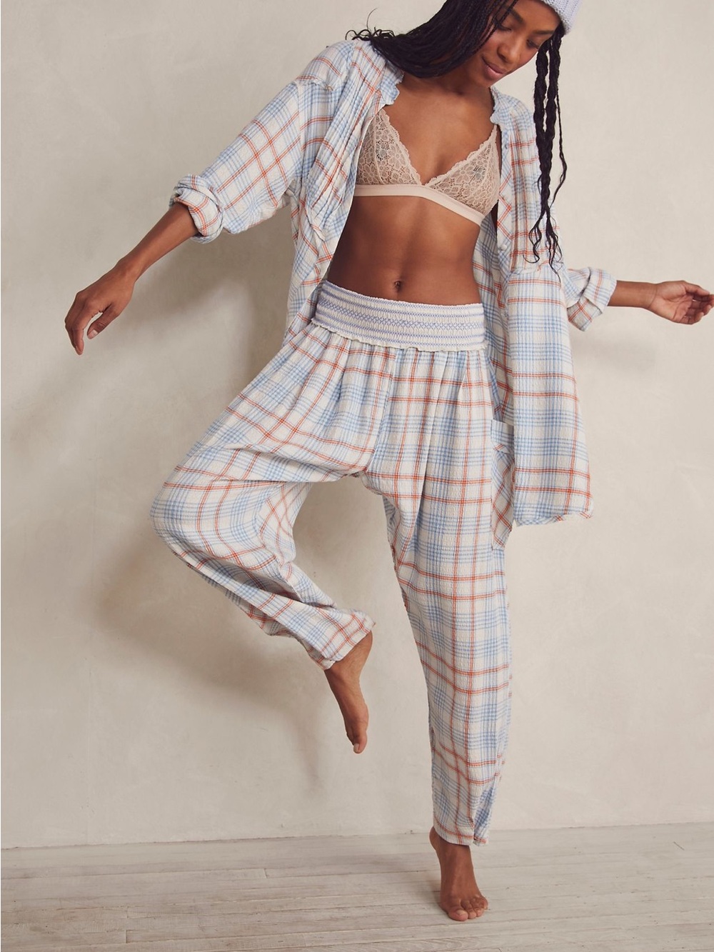 Free People Pastel Plaid Lounge Set — Light Blue, Cream & Peach